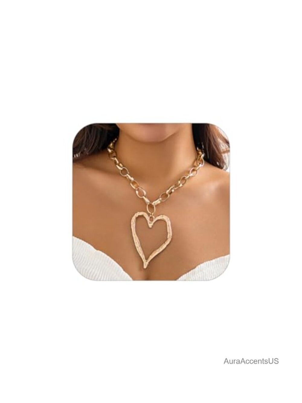 Hammered Open Heart Pendant Necklace Adjustable Cord Chunky Chain Women